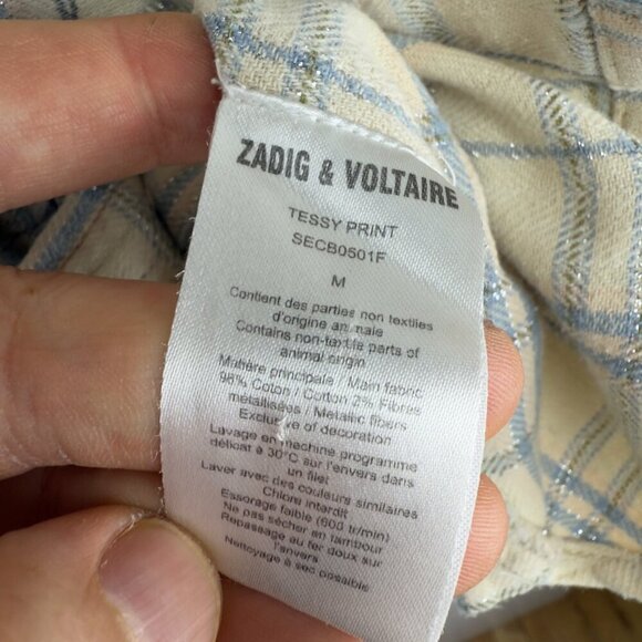ZADIG & VOLTAIRE Cartoon Sketch Details Cream Plaid‎ Shirt Blue Pink Metallic M - Picture 5 of 7